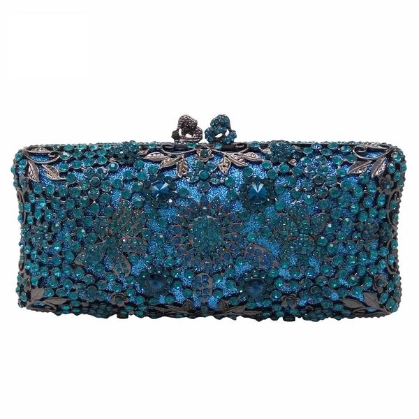 

double flower turquoise women flower crystal minaudiere clutch evening bags wedding handbags for bride purses