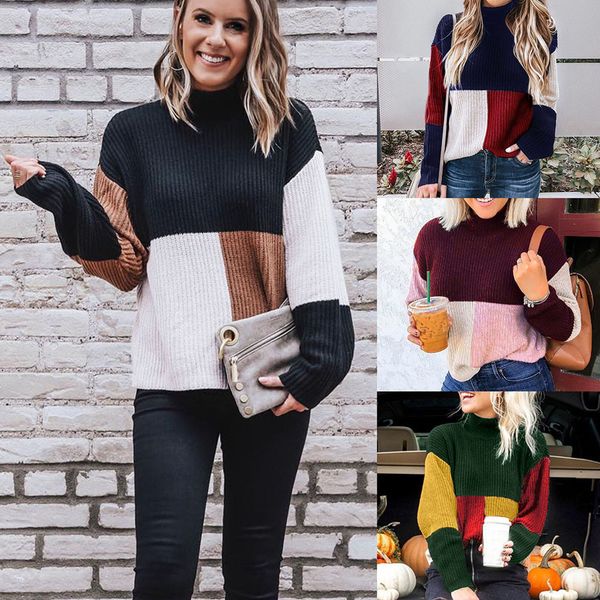 

knitted pullover women colorblock stand long sleeve knitted sweater jumper pullover blouse sweater, White;black