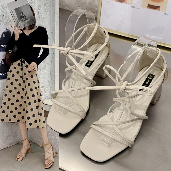 

all-match cross fashion womens shoes 2020 female sandal high heel sandals block heels square toe cross-shoes luxury ladies for, Black