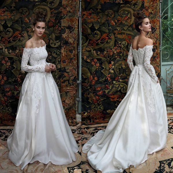 

2020 new lace beach wedding dresses long sleeves off shoulder lihi hod applique bridal dress vintage long satin plus size wedding gowns, White