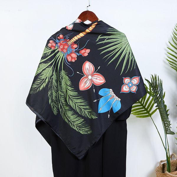 

2020 новый имитационный шелковый саржевый шелковый шарф женщина пальма черный печатный квадратный солнцезащитный тюрбан 130 * 130 большой кв, Blue;gray