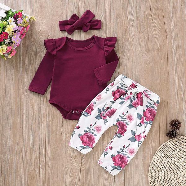 

toddler sets autumn baby girls long sleeves ruffles romper +floral printing pants+ bow headbands kids casual outfits suits, White