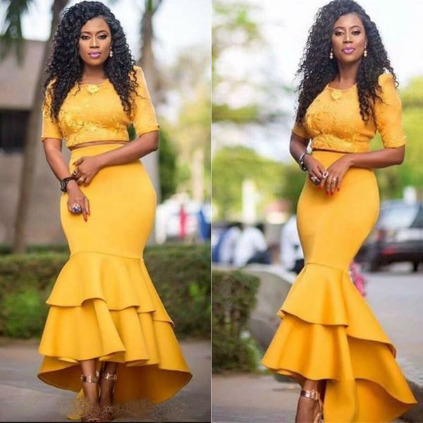 

elegant arabic mermaid prom dresses with half sleeve lace applique tiered skirts hi lo evening party gowns plus size formal dresses, Black