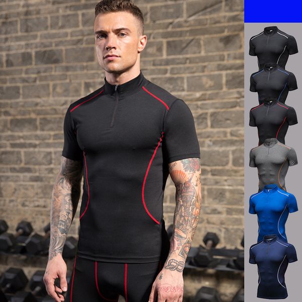 

men's stand-collar fitness short-sleeved training running stretch t-shirt sports quick-drying clothes tight short-sleeved, White;red