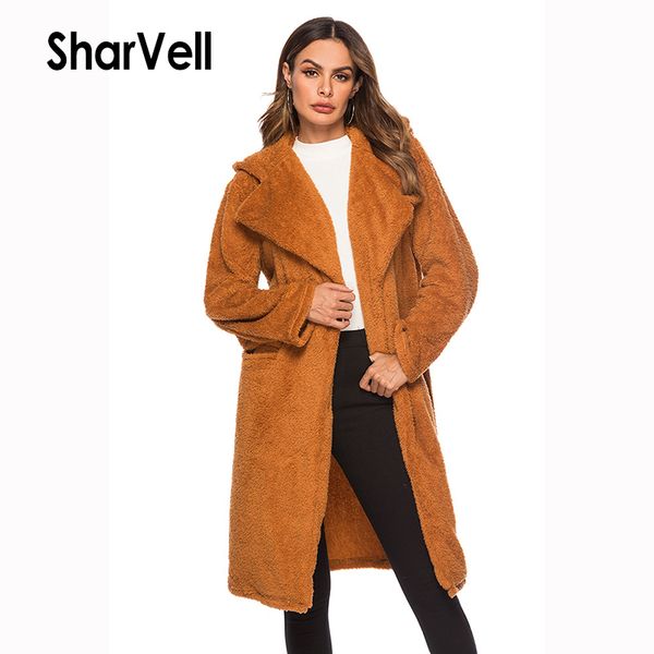 

sharvell women faux fur coat casual x-long length solid brown faux fur coats warm with trim hood long sleeve windbreak coats, Black