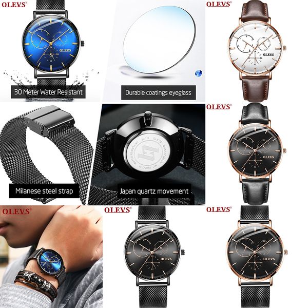 

olevs men ultra-thin multi dial analogue quartz watch luminous water-resistant milanese steel / real leather wristwatches man business gift, Slivery;brown