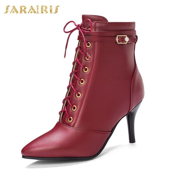 

sarairis new fashion plus size 30-48 pointed toe cross tied high heels shoes woman party office autumn spring ankle boots, Black