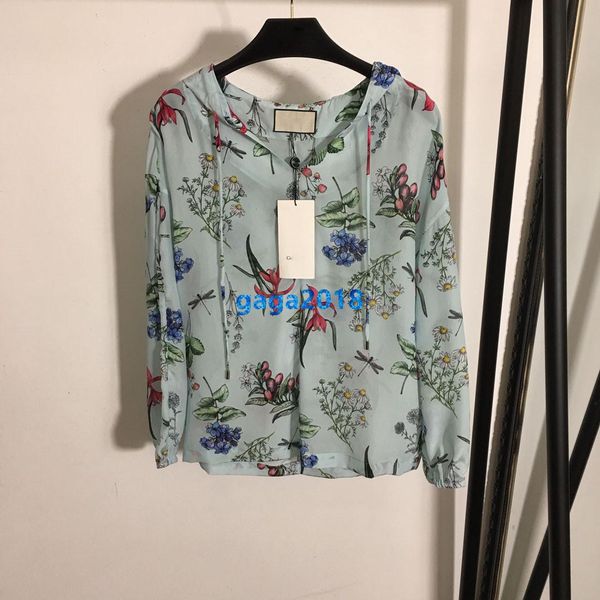 

high end женщины девушки с капюшоном шелковая рубашка all-over цветочный принт с длинным рукавом блузка старинные тройник толстовка взлетно, White