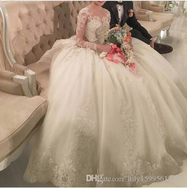 

2019 new vestido de noiva ball gown long sleeves wedding dresses royal tail luxury wedding dress turkey lace appliques 016, White