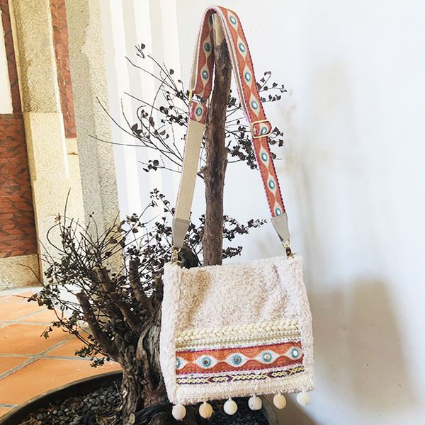 

cute embroidery faux fur shoulder bag girly 2019 female boho chic gypsy hairy messenger bag with pom pom details wide strap