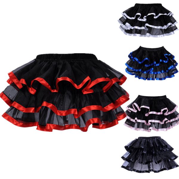 Increspature in rete nera con finiture in raso Donne adulte a 3 strati Pettiskirt Tutu Minigonna Vestiti per spettacoli di danza per feste Big Plus Size S-6XL Multi