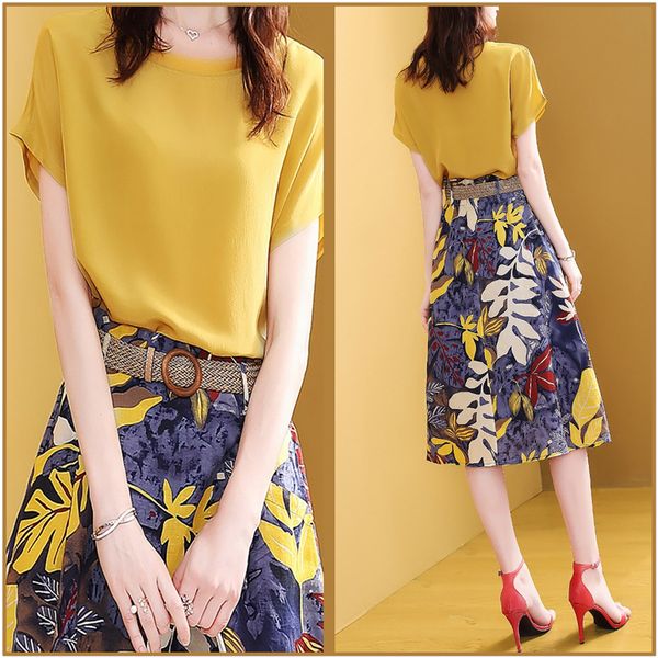 

office lady wear fashion summer 2 piece set women elegant o neck blouse and printed skirt women two piece outfits sl352, White;black