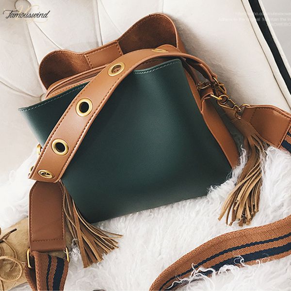 

pu casual tassel panelled women shoulder crossbody bags designer wide strap handbags pu leather large buckets bag tote purse