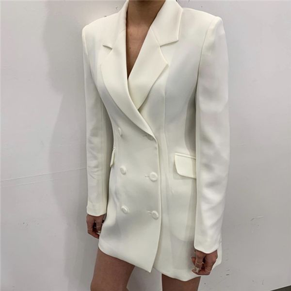 

jackets for women elegant white lapel double-breasted slim waist suit long sleeve medium style coat, White;black
