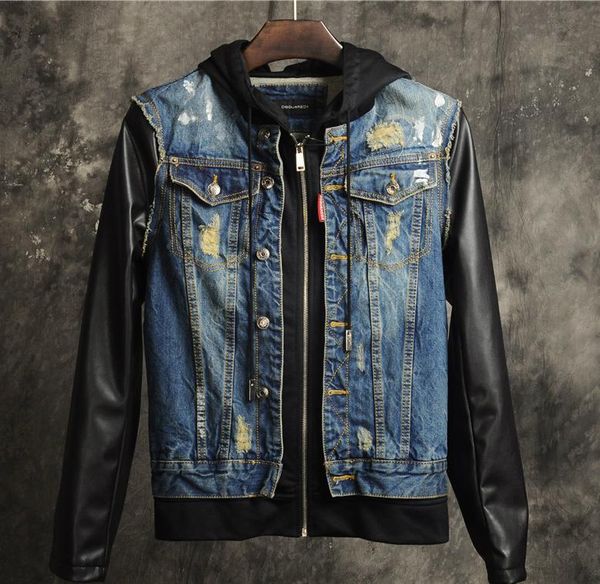 

2019 autumn and winter clothing new fashion scraped pu stitching jacket zipper hooded slim korean denim jacket plus size s-xl, Black;brown