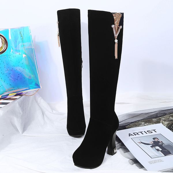 

winter matte leather plush lining metal decoration pearl rhinestone sequin tassel round toe zipper knee-high boots high heels, Black