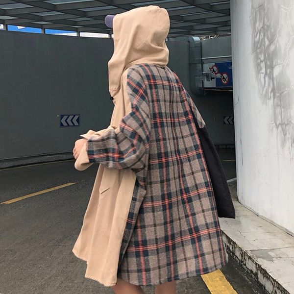 

2019 spring women hooded plaid trench coat korean fashion batwing sleeve pocket loose long coats pockets khaki casual clothes, Tan;black