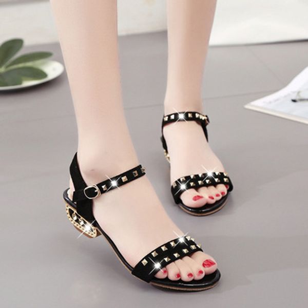 

sports sandals suitable skirts shoes new korean version of the profile with open toe large size rivet buckle roman cherry, Black