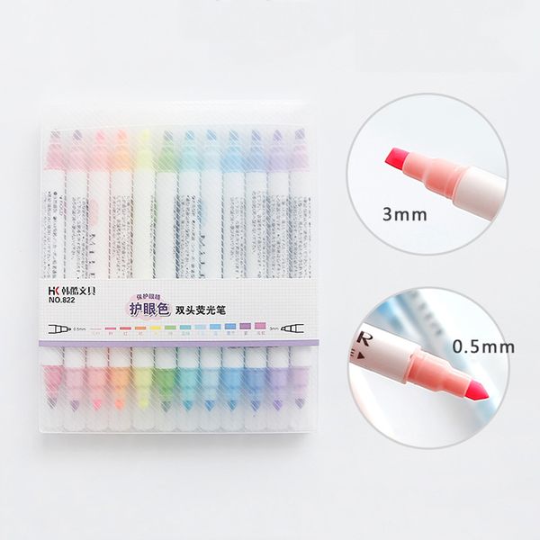 

12 pcs/set double headed highlighters stationery mild highlighters pens colored drawing painting highlighter art marker pens dh1197 t03, Black;red