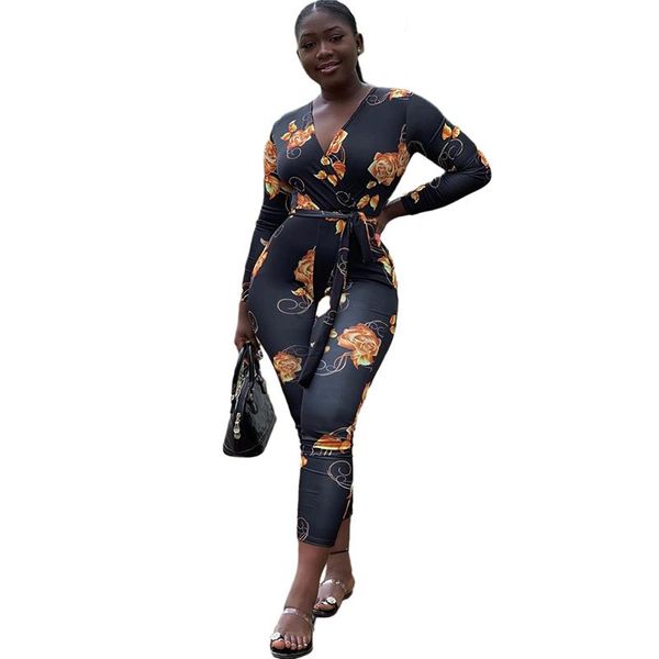 

floral printed fashion black jumpsuit deep v neck long sleeve fitted romper casual long overall for women sh7119g, Black;white
