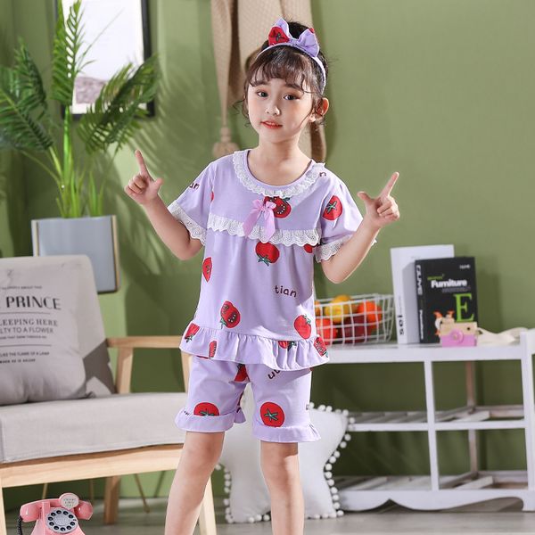 

cotton children's pajamas set summer short-sleeved t-shirt + shorts set kids pyjamas girls pajamas baby princess sleepwear 5-13t, Blue;red