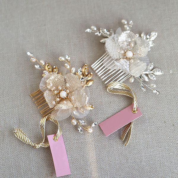 

jonnafe gold silver beaded floral bridal small hair comb pin delicate women jewelry pearls wedding hair jewelry, Golden;white