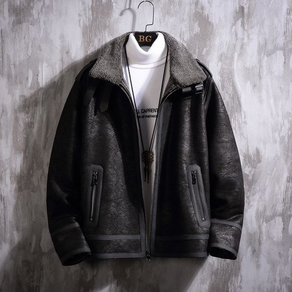 

winter leather jacket men solid turtleneck heavy suede coat men long sleeve fleece jacket veste cuir homme gh6, Black