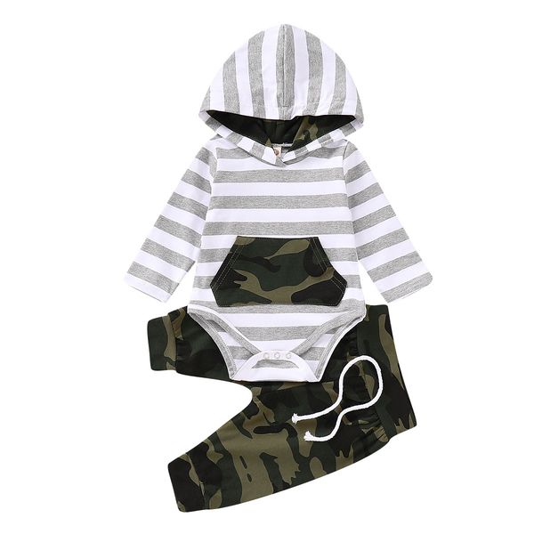 

toddler newborn baby boys clothes 2pcs infant boys striped hoodies + camouflage pants outfits clothing sets new, White