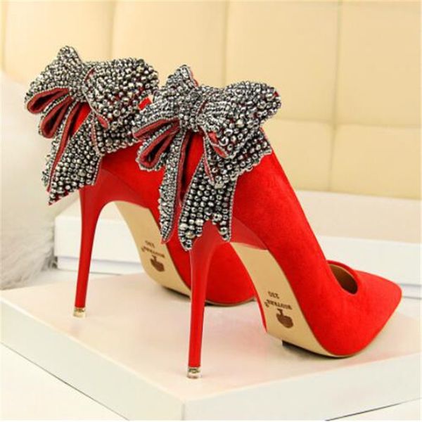 

women's elegant crystal butterfly-knot shallow wedding shoes korean fashion women pumps solid flock pointed toe high heels shoes, Black