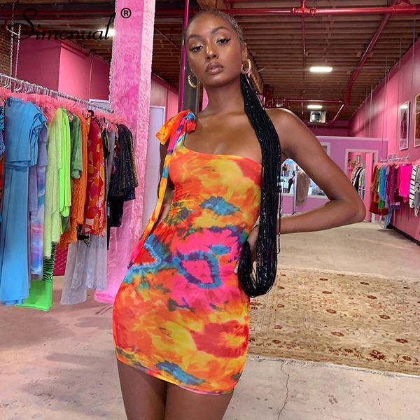 

simenual tie dye mujeres bodycon vestido un hombro bandage moda partido mini vestidos sin mangas 2019 skinny vestido de impresiÃ³n, Black;gray