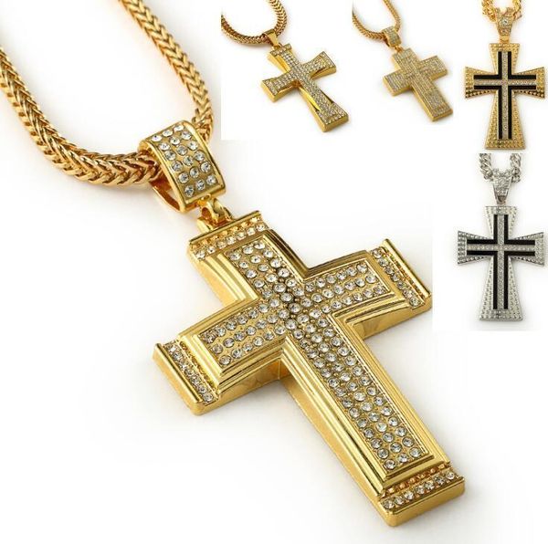 

4 styles 18k gold plated chain hip hop crystal rhinestones cross pendant necklace iced out bling jewelry, Silver