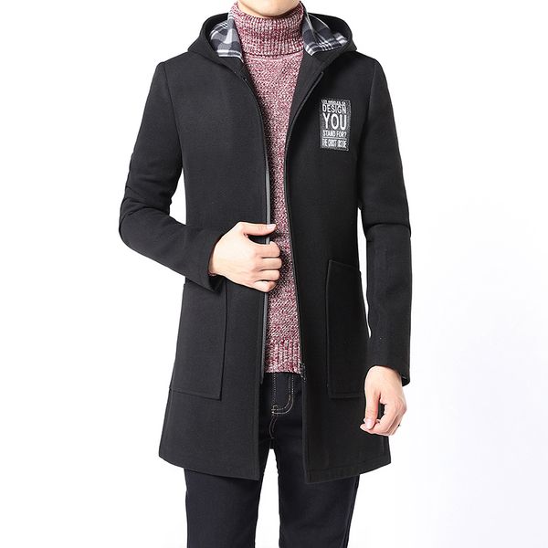

spring winter hooded trench coat mens cashmere overcoat slim fit casual fashion jackets male wool blends outerwear england style, Black