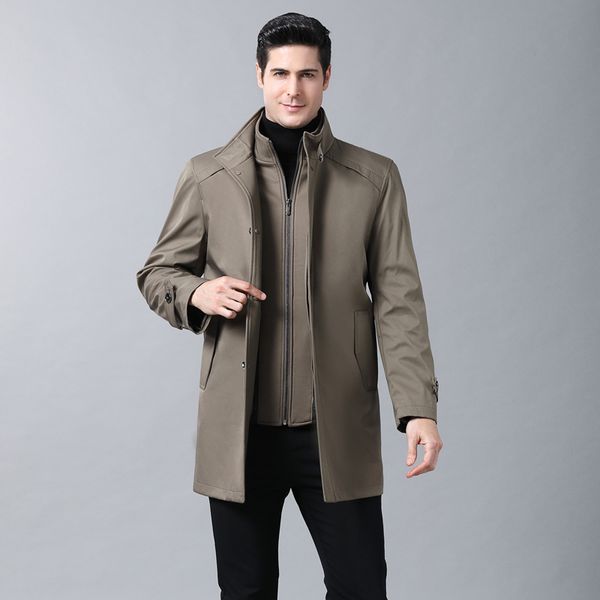 

2 in 1 brand new men trench coats autumn winter casual fashion men's solid color trench medium long section male, Black