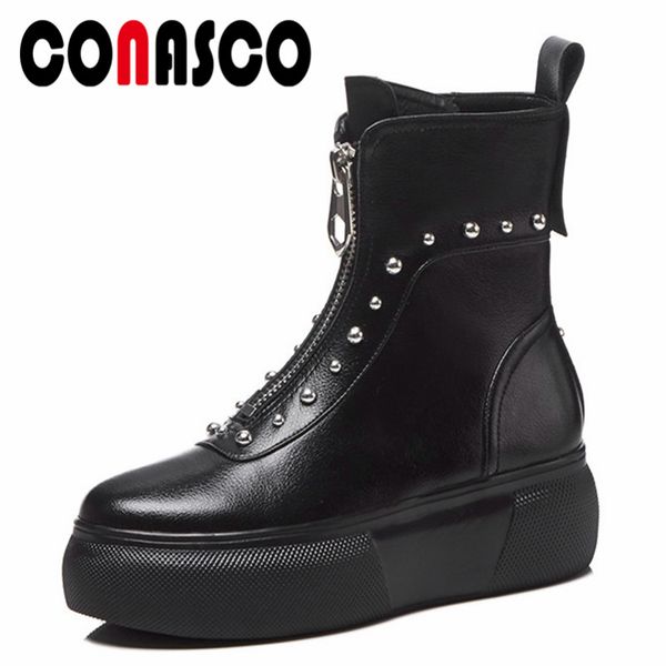

conasco punk women ankle boots genuine leather rivets night club party shoes woman high platforms casual shoes basic boots, Black