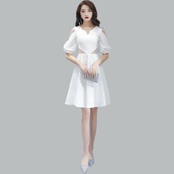 

solid color formal party dress cr463 v-neck half sleeve vestidos de fiesta white a-line prom gowns zipper dresses for women, White;black