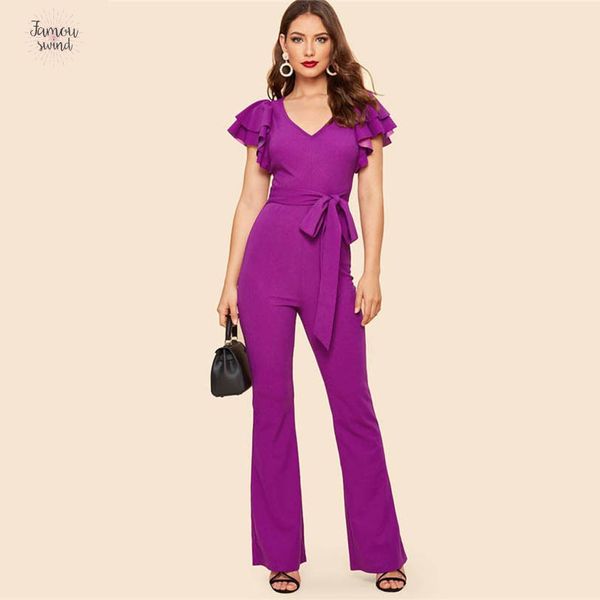 

purple layered sleeve jumpsuits flare leg plain jumpsuit 2019 skinny spring v neck high waist butterfly sleeve workwear belted, Black;white