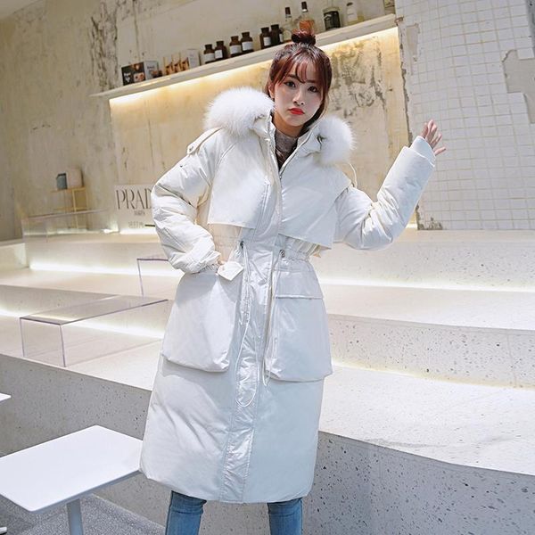 

bella philosophy 2019 women solid warm down coat lady raccoon fur collar elegant long outwear female white duck down coats, Black
