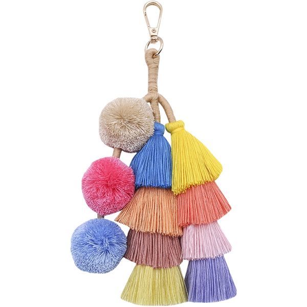 

colorful handmade boho pom pom tassel bag charm key chain tassel keychain, Silver