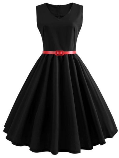 

wipalo 50s 60s retro sleeveless solid color vintage flare dress women elegant party rockabilly a-line dress with waist belt 2xl, Black;gray