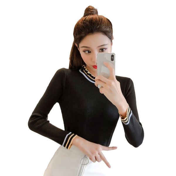 

autumn knitted sweaters women slim long sleeve bottoming ruffles half turtleneck striped print pullovers female jumper, White;black