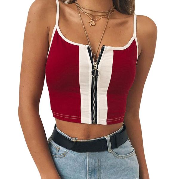 Frauen Crop Top Zipper Leibchen Sexy Strap Ärmelloses Schwarz Rot Tank Tops Damen Weste T Shirt Sommer Boho Gestellte feminino Z4