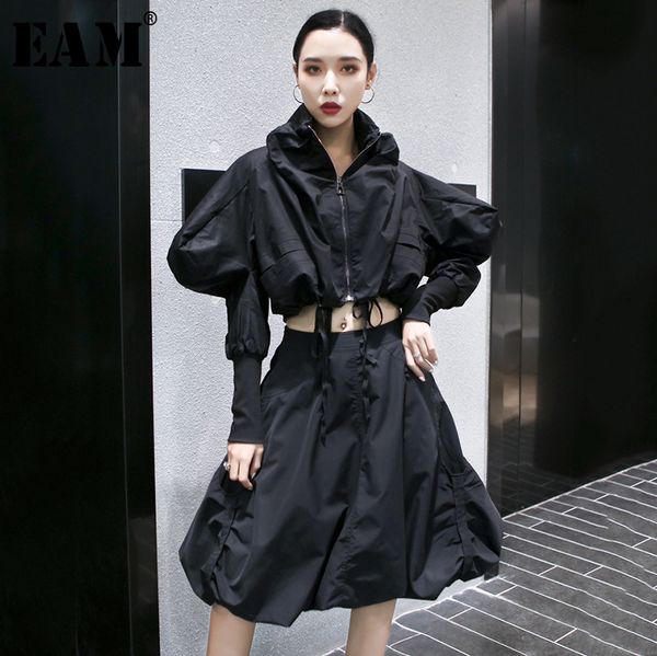 

two piece dress [eam] half-body skirt rufffles drawstring pieces suit long sleeve black loose women fashion spring autumn 2021 1s119, White