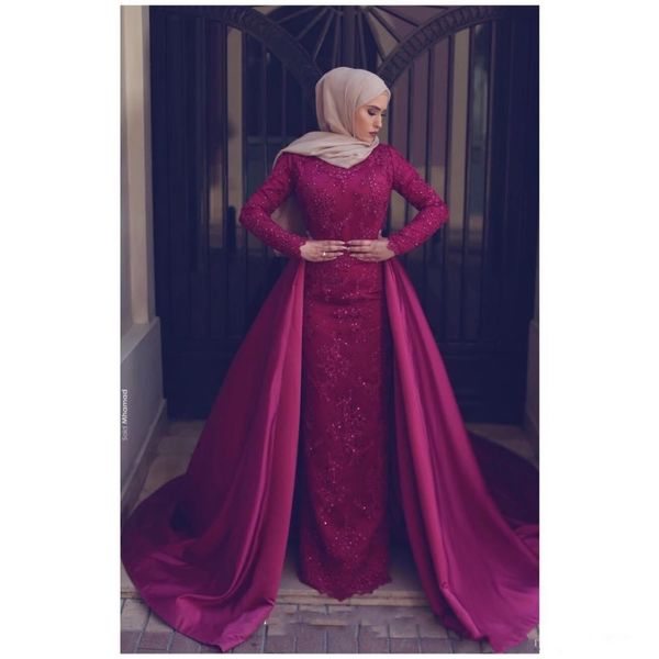 

2019 new muslim arabic evening dress with remavable overskirt long sleeve high neck hijab dubai women prom gowns, White;black