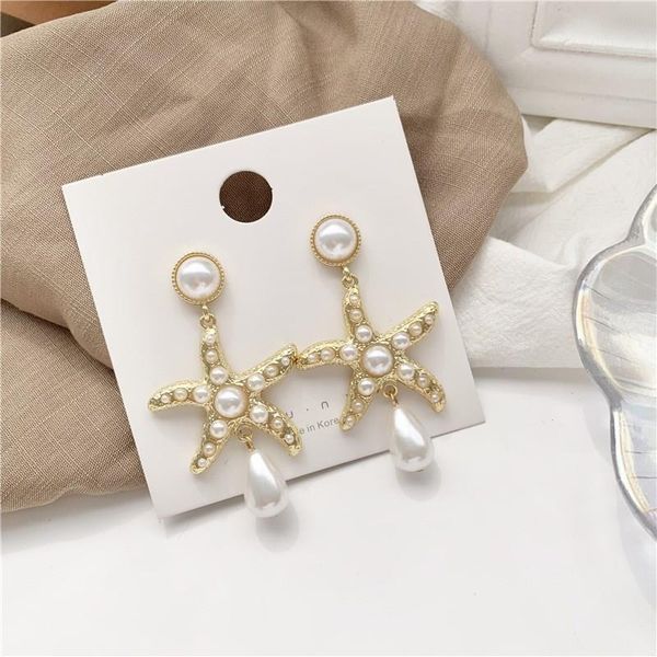 

korean holiday sea cute simulated pearl starfish earrings vacation starfish drop earring, Silver