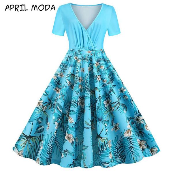 

casual dresses plus size l-3xlvintage big swing dress fashion short-sleeve knitted print v-neck high waist pleated 2021 summer, Black;gray