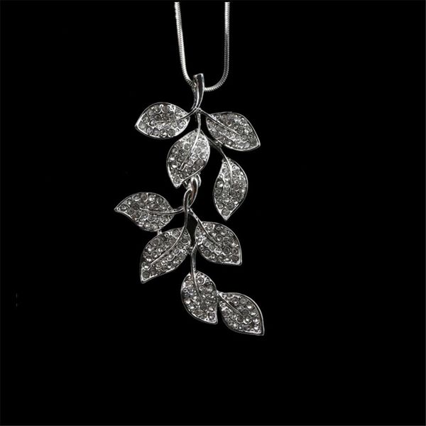 

lady elegant crystal leaf pendant sweater clothing charming chain necklace, Silver