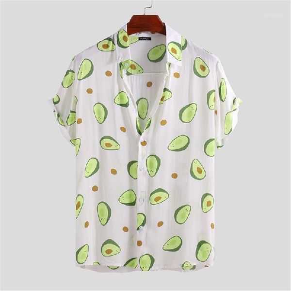

summer male designer shirts avocado printed short sleeve single breasted turndown collar mens tees casual plus size homme, White;black
