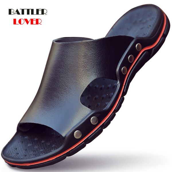 

genuine cow leather slippers couple outdoor non-slip men women home fashion casual single shoes pvc soft soles spring summer, Black