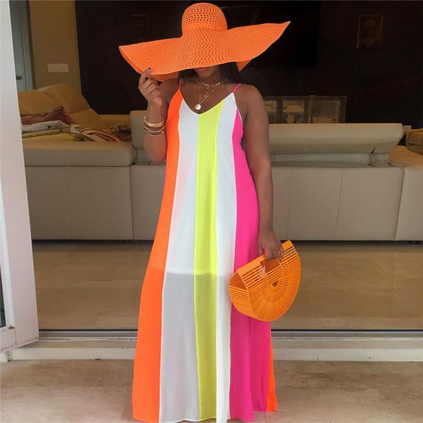 

Summer Striped V Neck Dress Fashion Ladies Spaghetti Strap Bohemian Dresses Summer Holidays Dress Women Casual Clothing