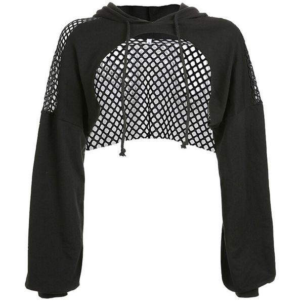 

women's hoodies & sweatshirts women club party long sleeve knitted fish net hoodie crop hollow out womens sweater, Black
